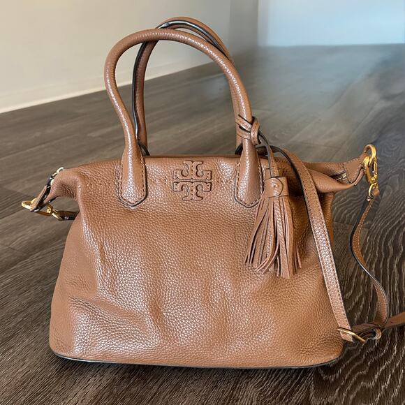 Tory Burch McGraw Slouchy Leather Satchel Moose Brown Tassel Bag Top Handle EUC - Picture 2 of 16